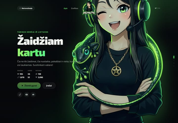 Screenshot of the indru7e.lt homepage showing navigation, the Žaidžiam kartu headline, community statistics, and stream links
